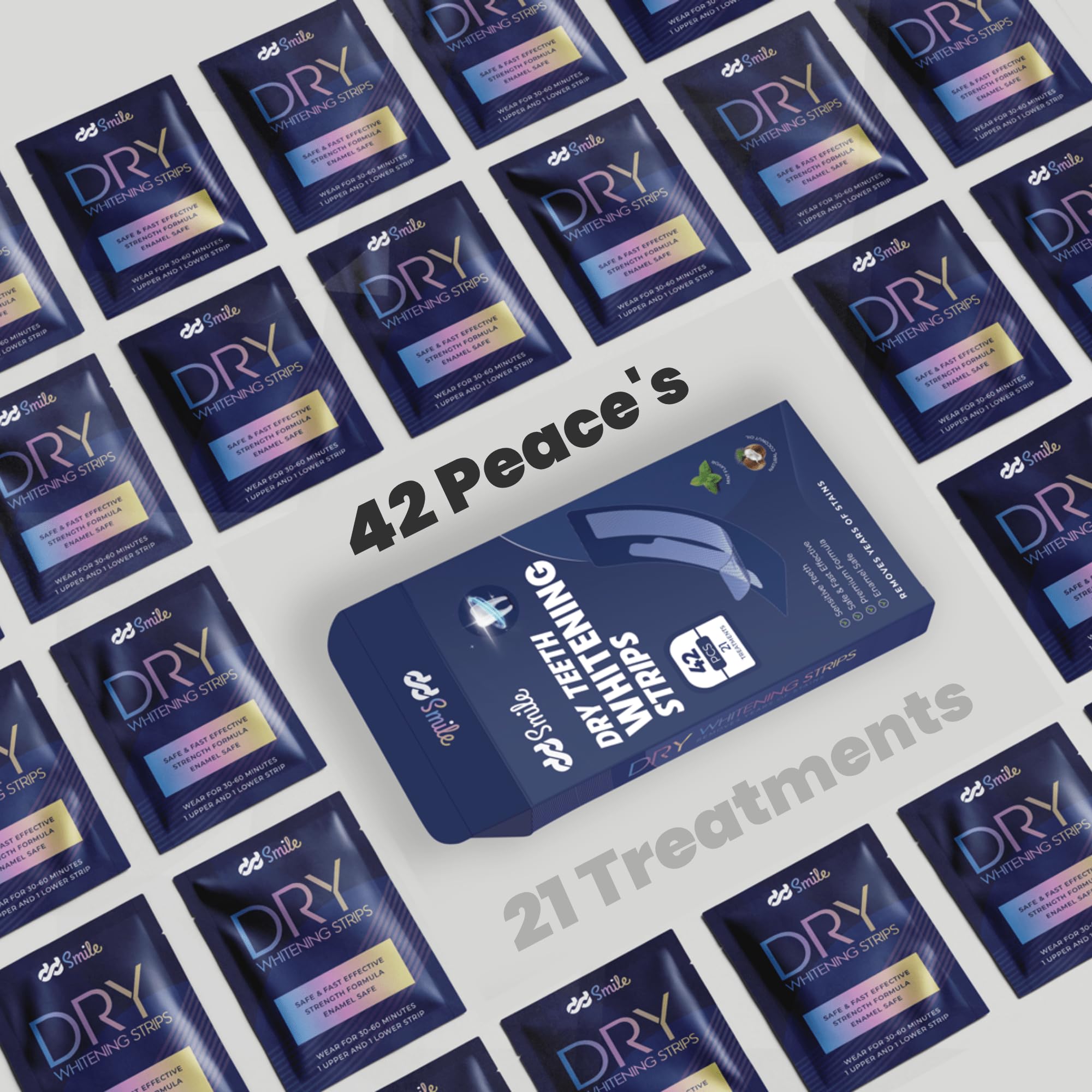 Instruction leaflet and 42 dry whitening strips included