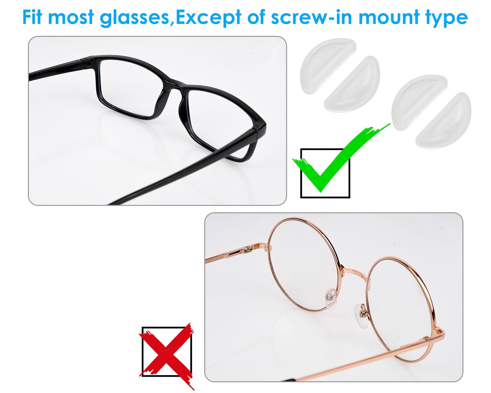 Dimensions of eyeglass nose pads and anti-slip covers