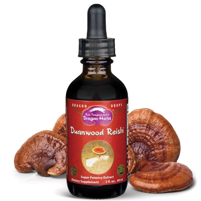 Duanwood Reishi Drops bottle on a wooden surface with mountain backdrop