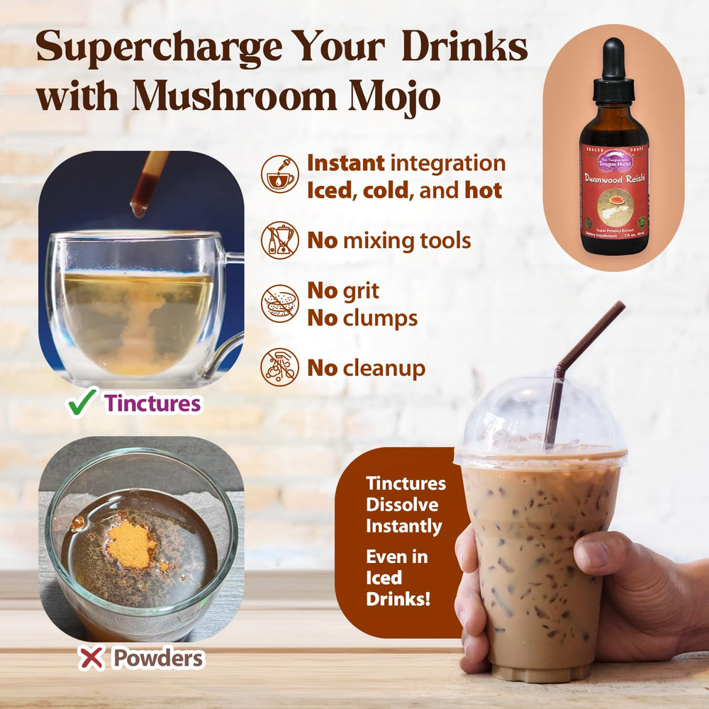 Close-up of Dragon Herbs Duanwood Reishi Drops label