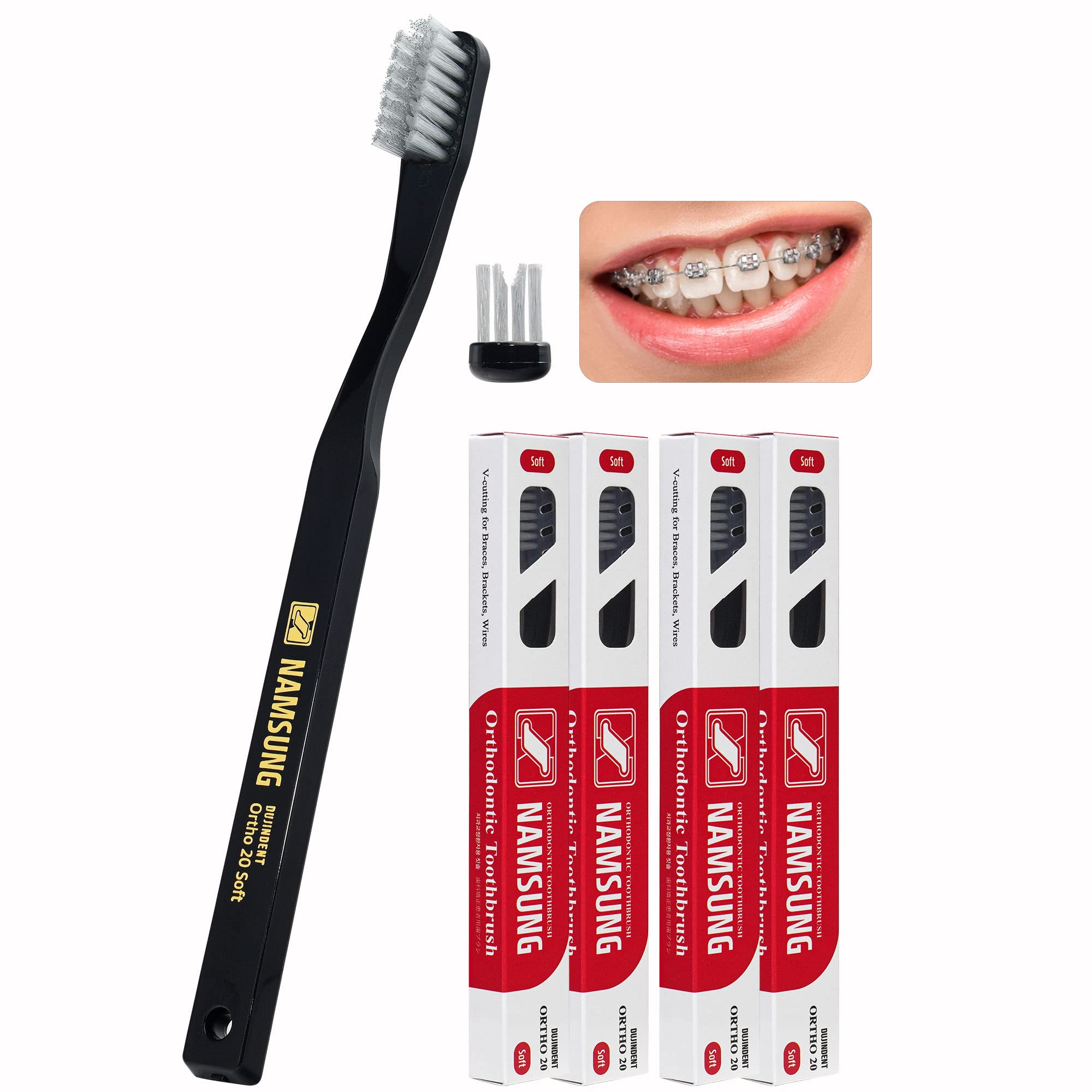 Front view of DUJINDENT Orthodontic Toothbrush for Braces 4-Pack
