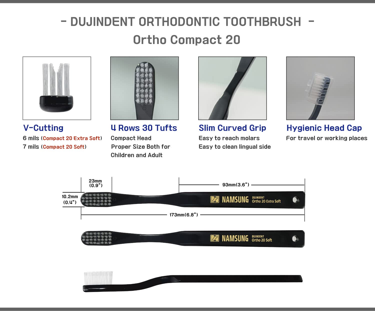 Side view of DUJINDENT orthodontic toothbrushes for braces