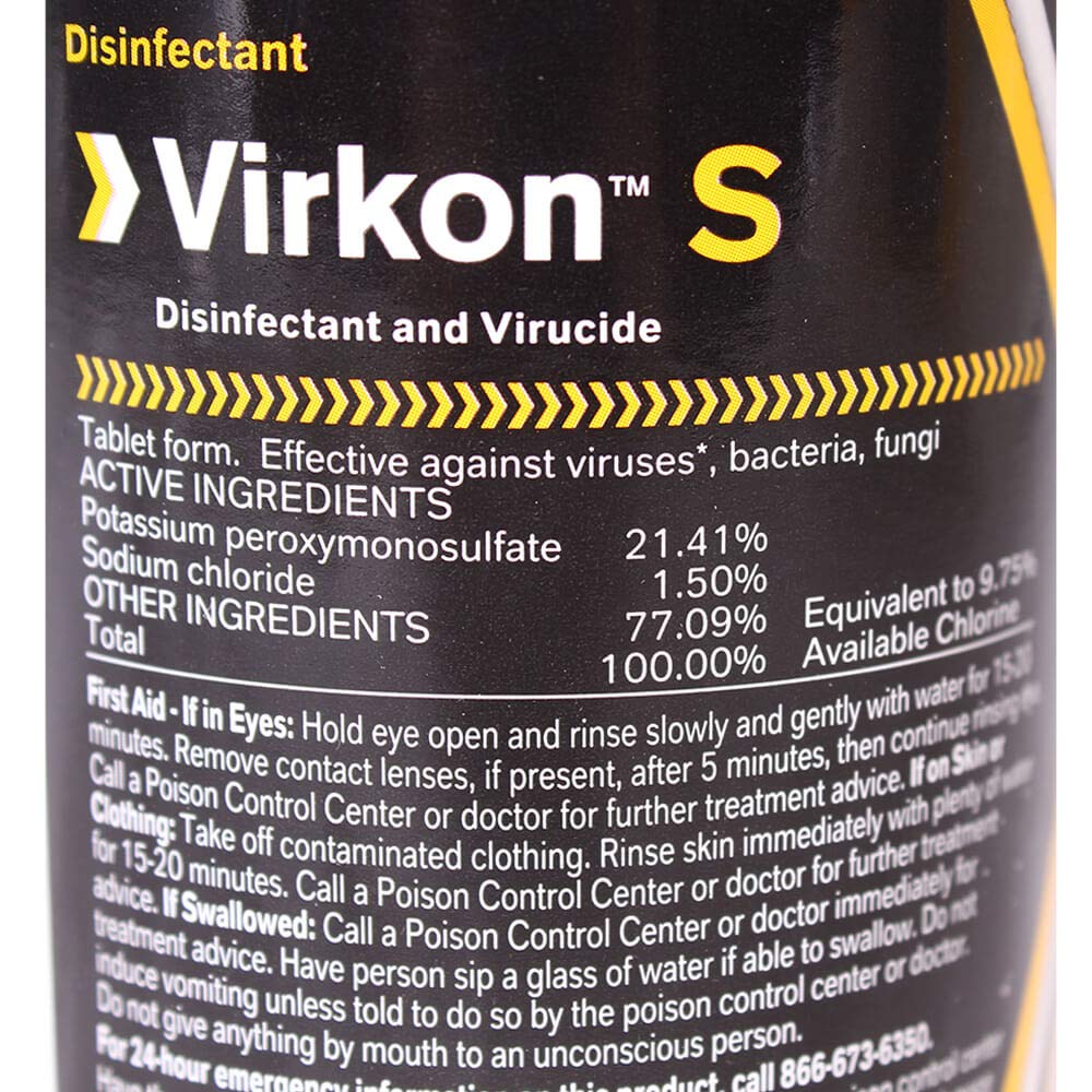 Virkon S disinfectant packaging label and usage