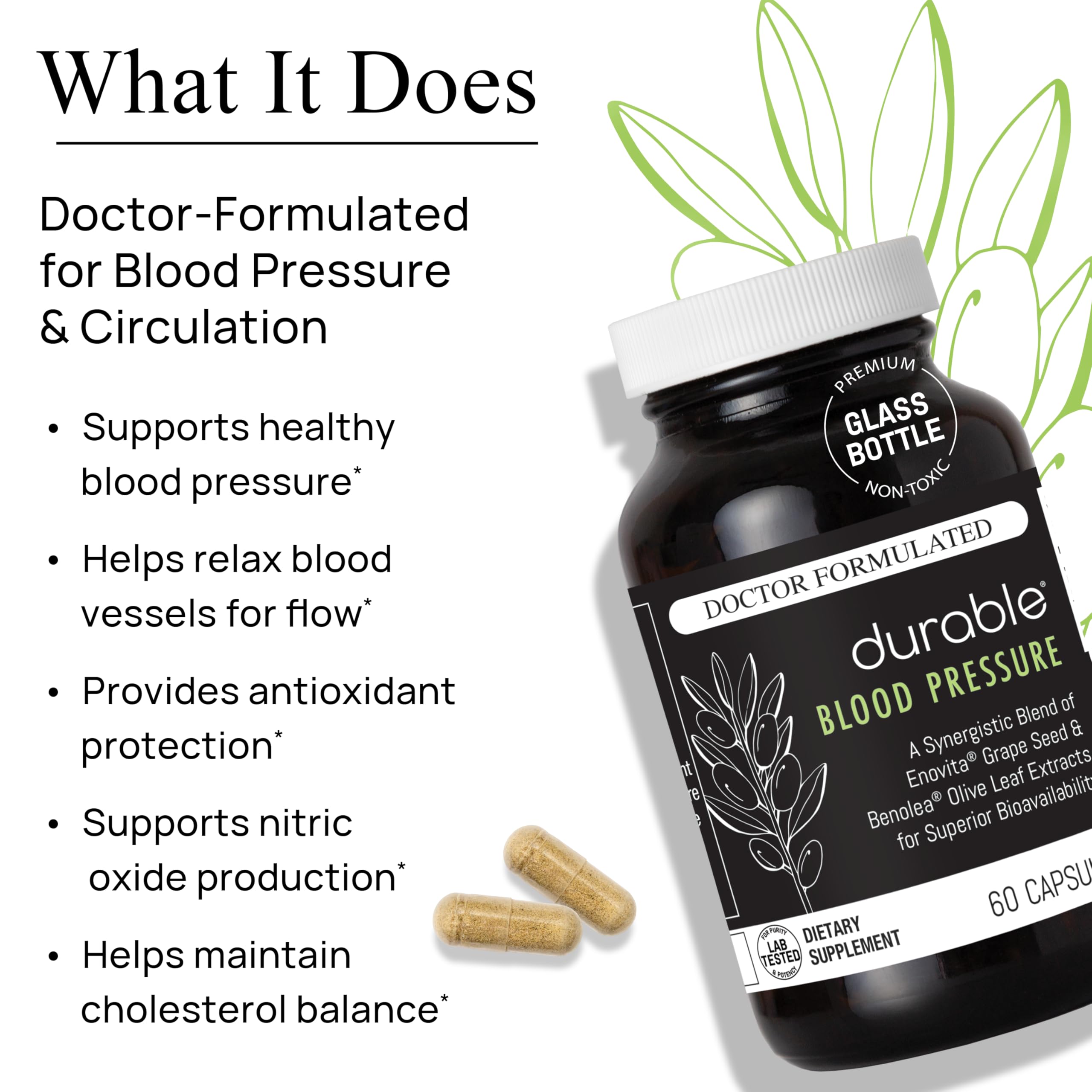 Two polyphenol-rich ingredients (olive leaf and grape seed) for circulatory wellness.