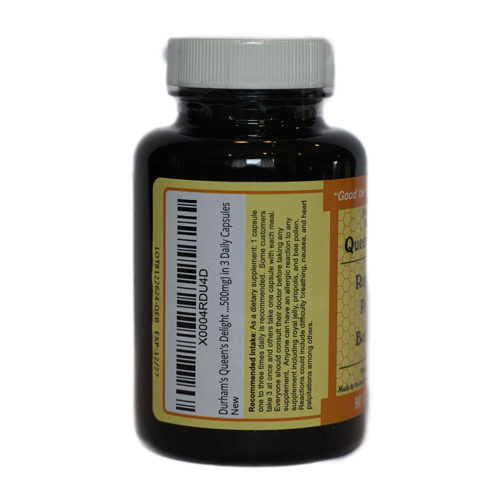 Queen's Delight label highlighting Royal Jelly, Propolis, and bee pollen