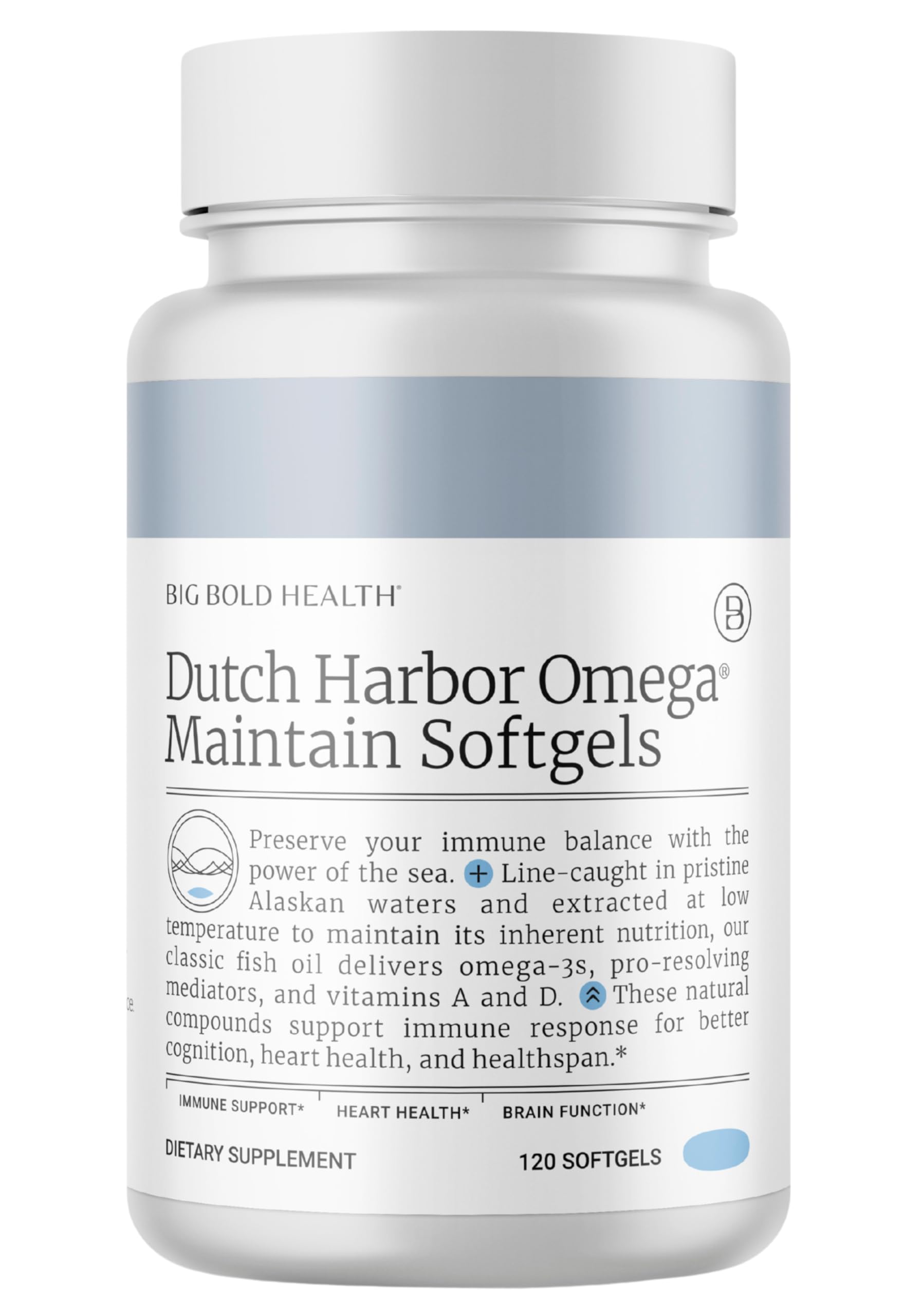 Big Bold Health Dutch Harbor Omega Maintain Softgels with 500mg omega-3s (EPA, DHA, DPA) in triglyceride form.
