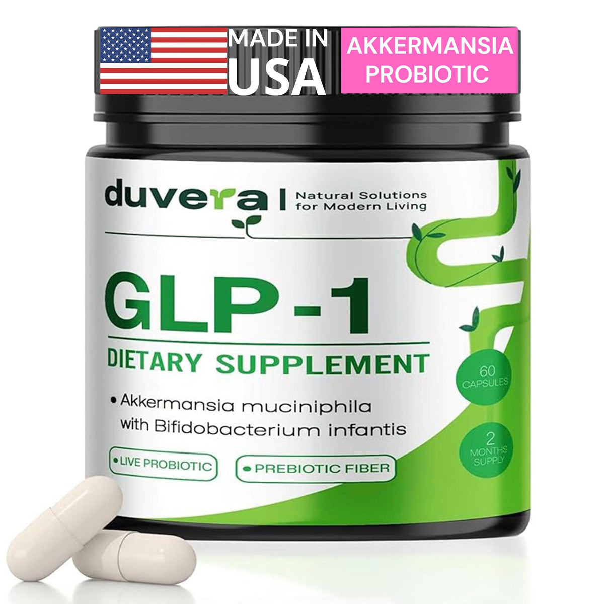 Duvera Akkermansia probiotic GLP-1 bottle supports gut balance and metabolic health