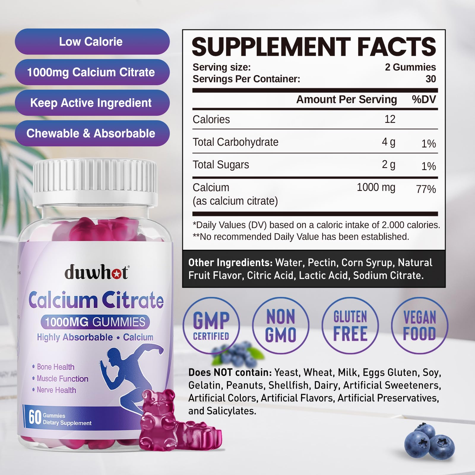 Close-up of blueberry calcium citrate gummy