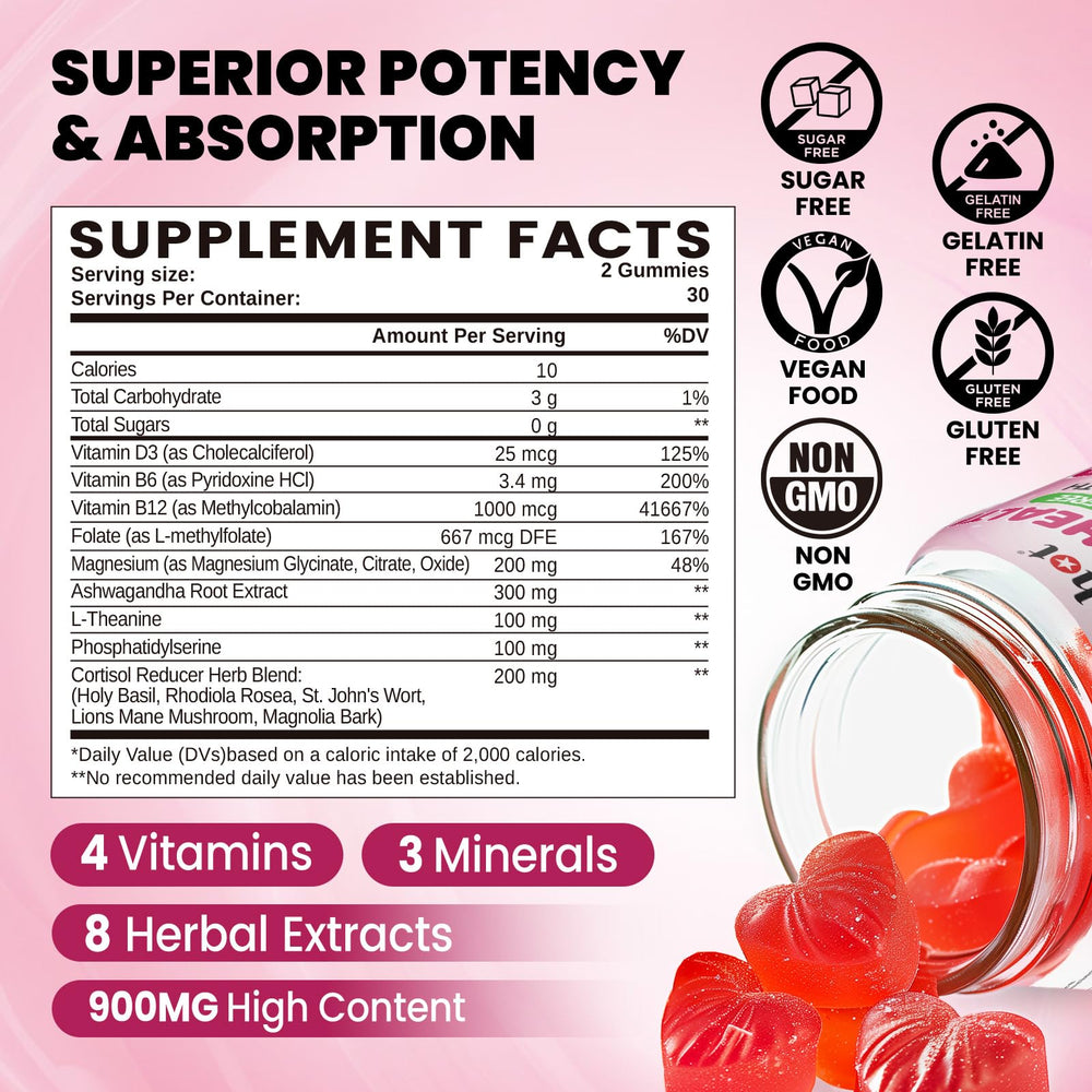 Close-up of gummies showing strawberry flavor and sugar-free formula