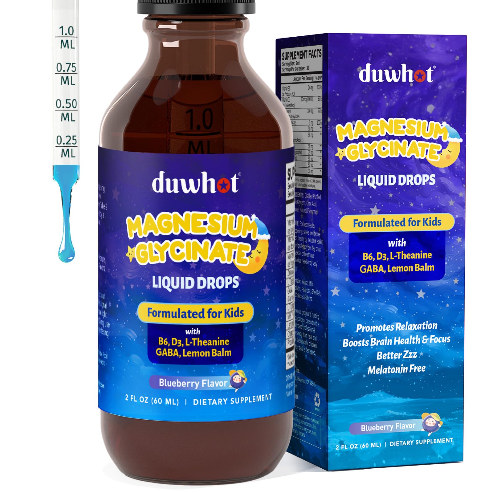 Bottle of duwhot Kids Magnesium Liquid Drops with blueberry flavor