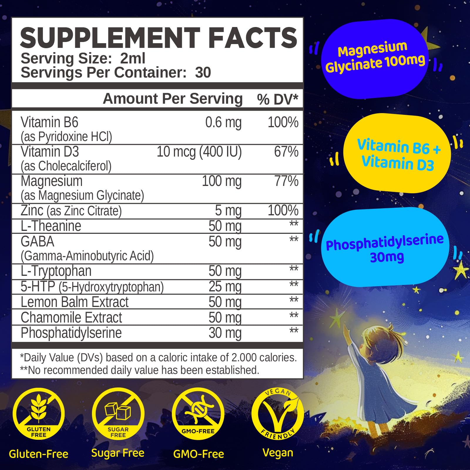 Dropper dispensing magnesium glycinate liquid for children