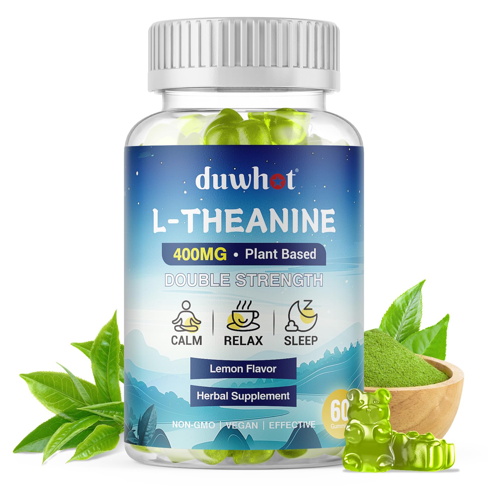 Front view of duwhot L-Theanine Gummies Lemon flavor bottle with 60 chewables