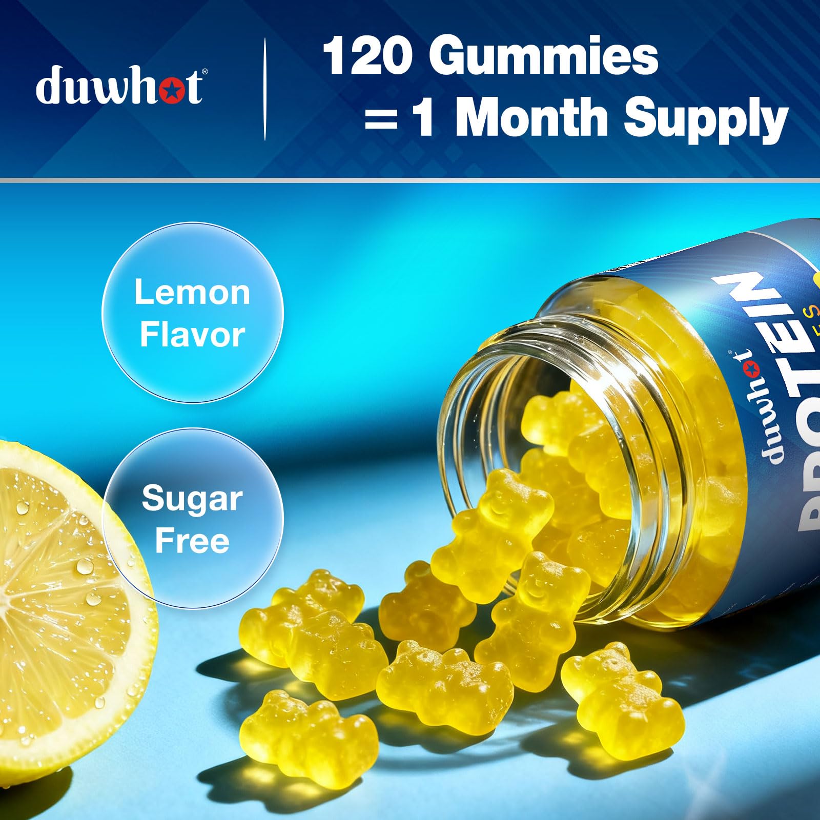 duwhot Whey Protein Gummies lemon label detail shows zero sugar and calorie info.