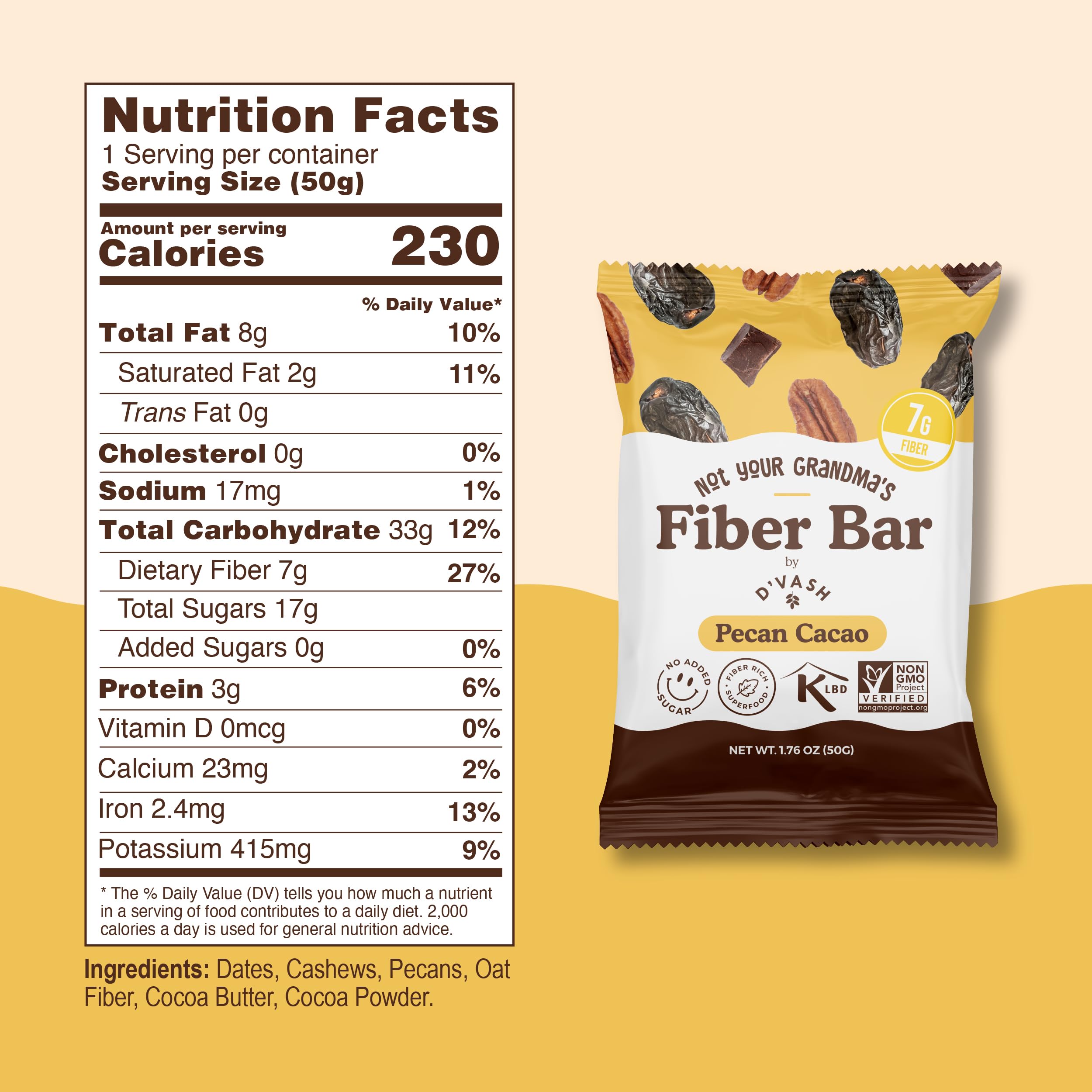D'Vash fiber bars cacao peanut butter bar delivers satisfying flavor and fiber.