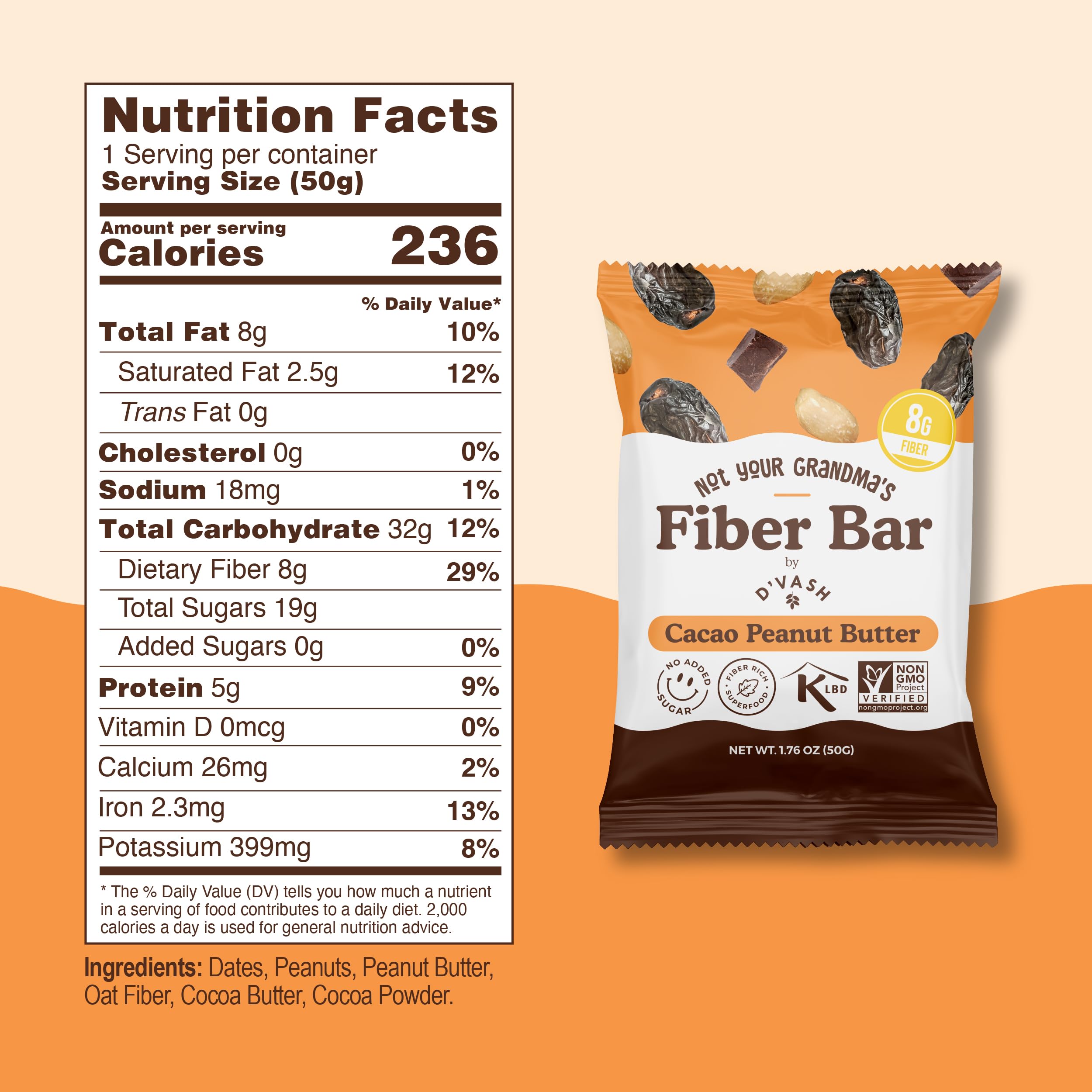 D’vash Fiber Bars Pecan Cacao flavor front