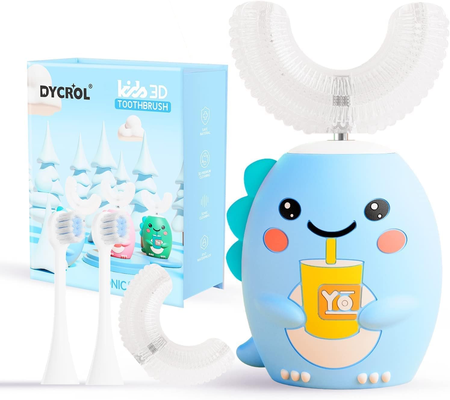 DYCROL Kids U-Shaped Electric Toothbrush Blue with 4 brush heads and 5 modes, IPX7 waterproof, cartoon dinosaur design for ages 6-12