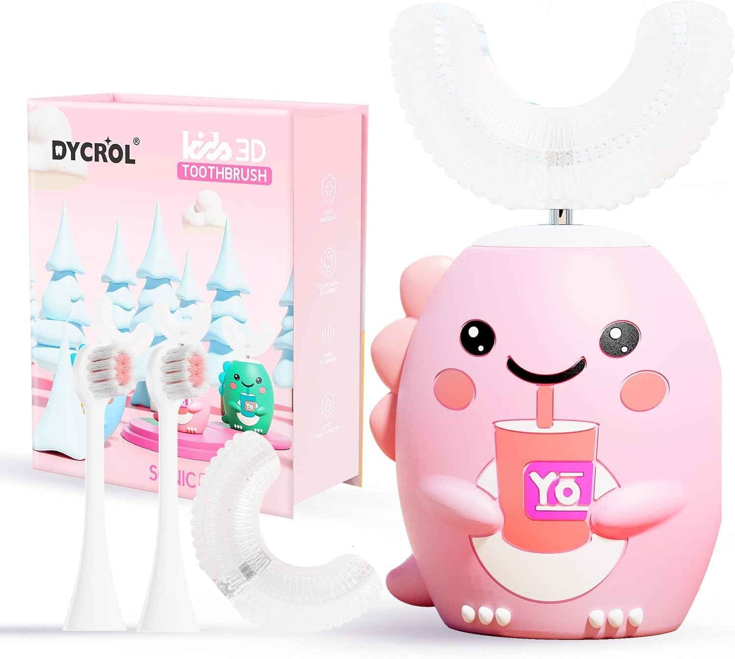 DYCROL Kids U-Shaped Electric Toothbrush Pink for Ages 2-6 with 4 Brush Heads and 5 Modes