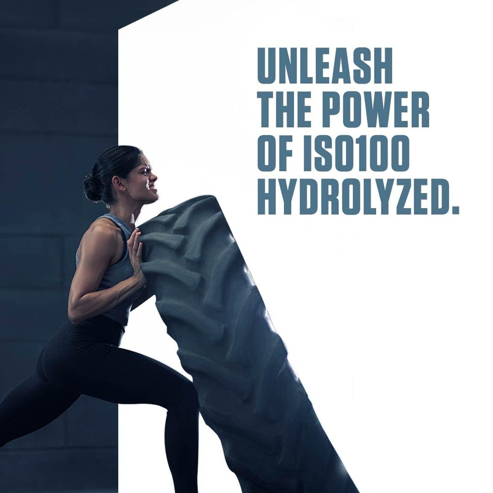 Dymatize ISO100 chocolate shake glass showcases ultra-pure protein for lean muscle support.
