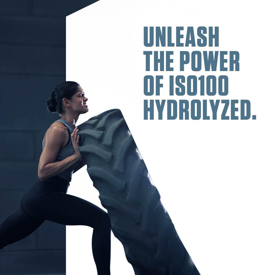 Dymatize ISO100 nutrition label back shows gluten-free, low lactose formula supporting digestion.