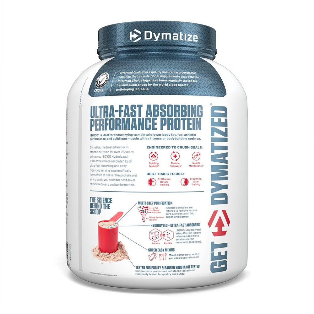 Dymatize ISO100 protein powder closeup emphasizes 24g per serving and instant mixability.