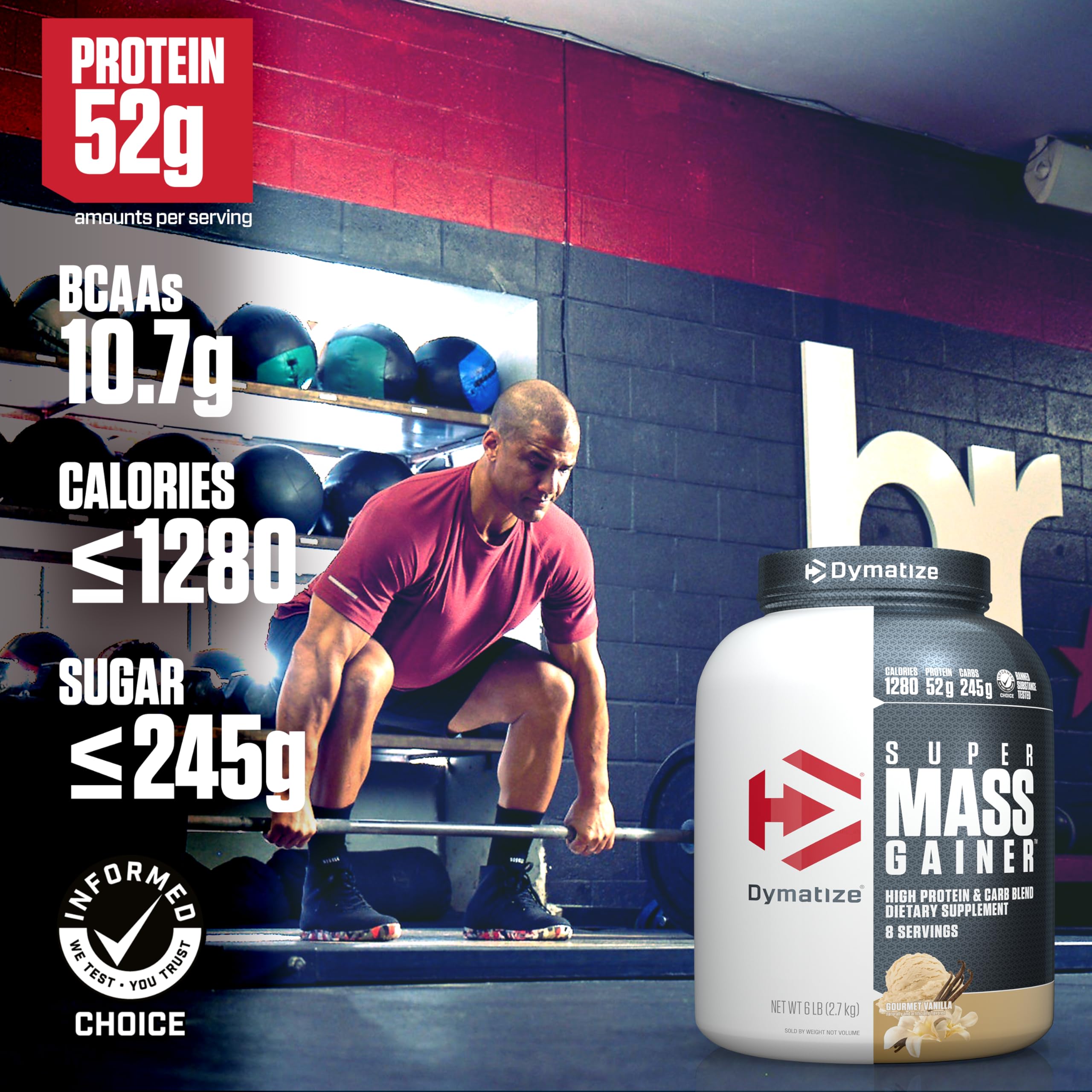 Dymatize Super Mass Gainer Vanilla powder in a scoop