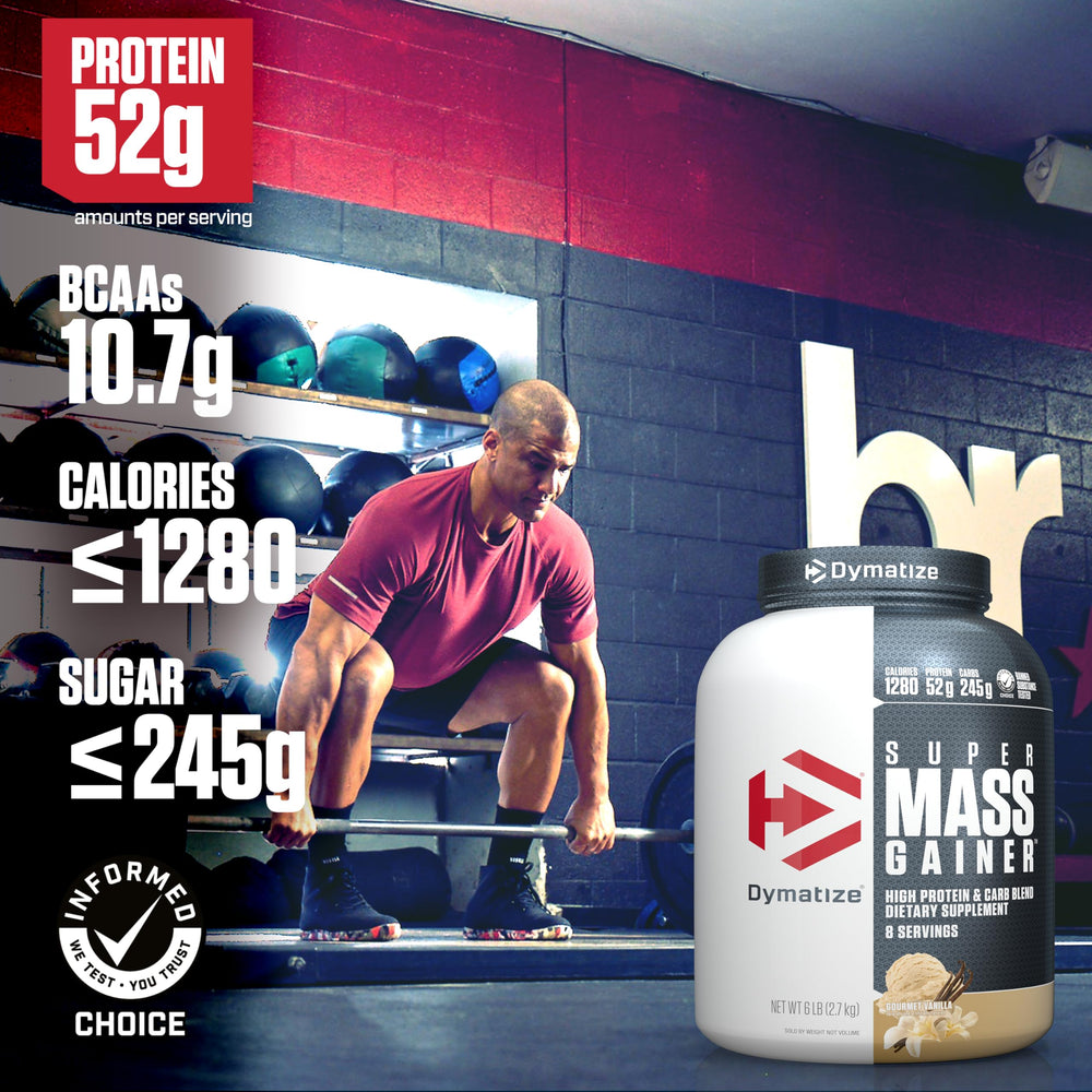 Dymatize Super Mass Gainer Vanilla powder in a scoop