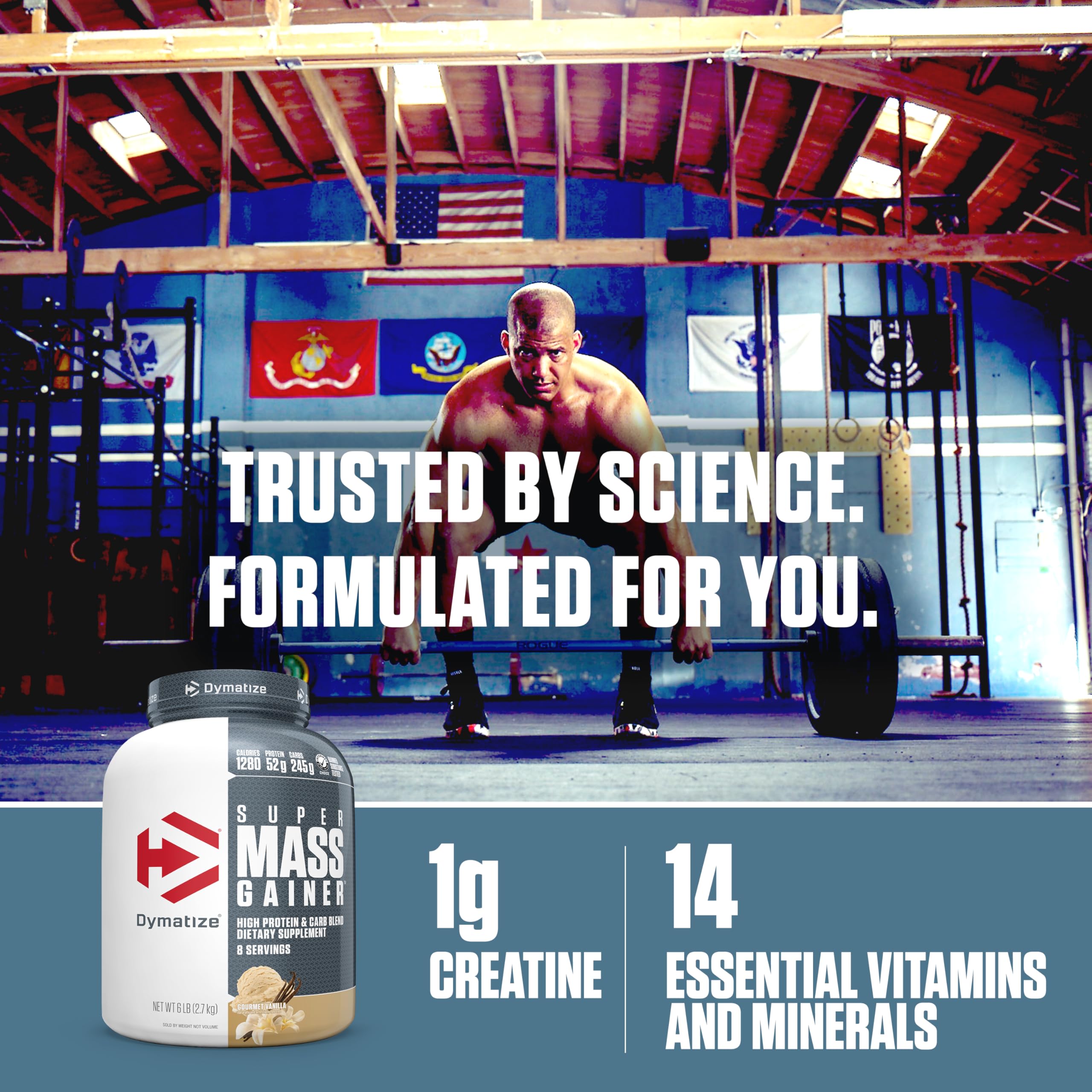 Serving scoop beside Dymatize Super Mass Gainer Vanilla