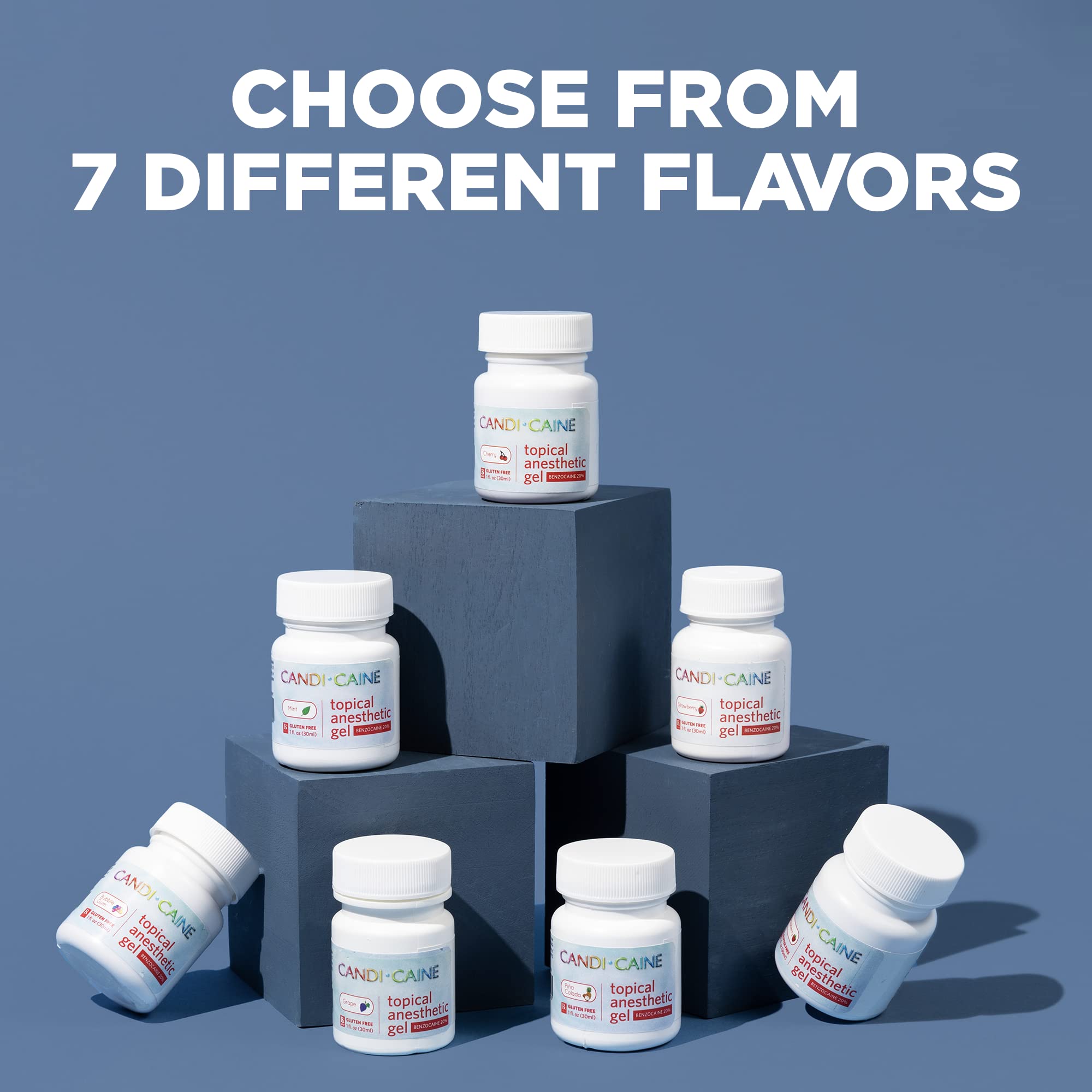 Dynamic Dental Candi Caine flavors collection showing seven flavors including Cherry and others