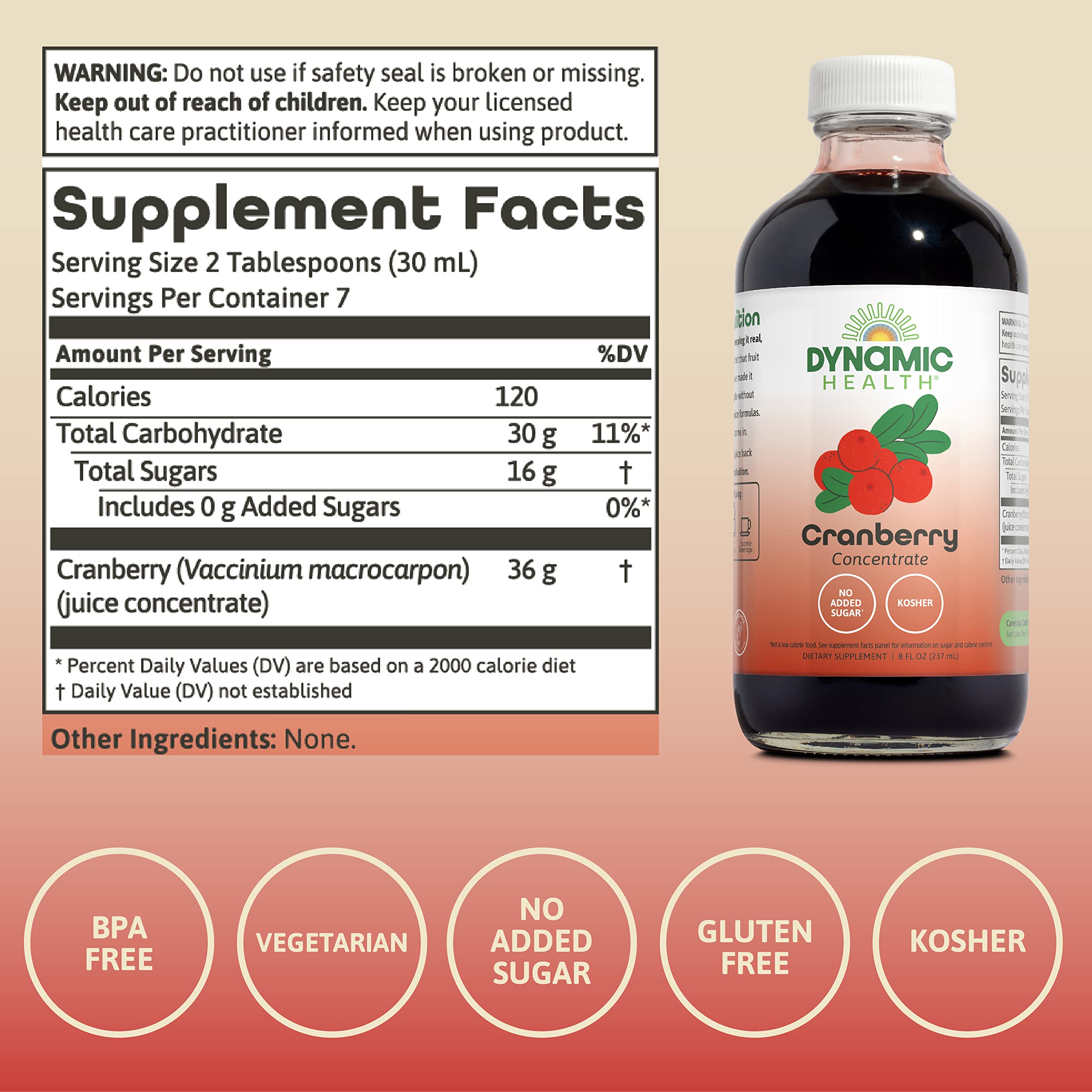 Close-up of Dynamic Health cranberry juice concentrate bottle label