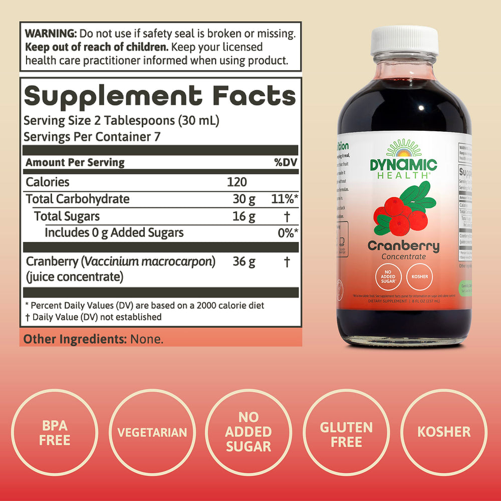 Close-up of Dynamic Health cranberry juice concentrate bottle label