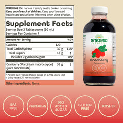 Close-up of Dynamic Health cranberry juice concentrate bottle label