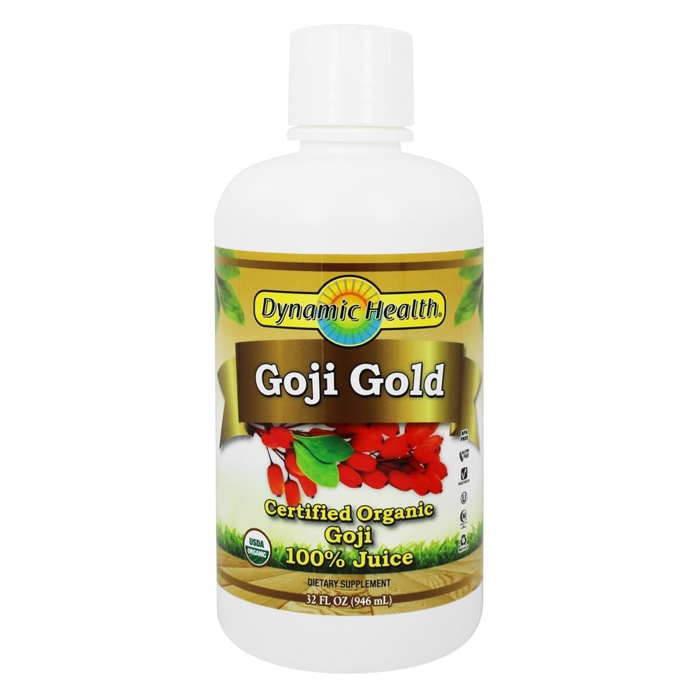 Dynamic Health Goji Gold Juice bottle label highlights organic, nutrient-rich formula for daily wellness.