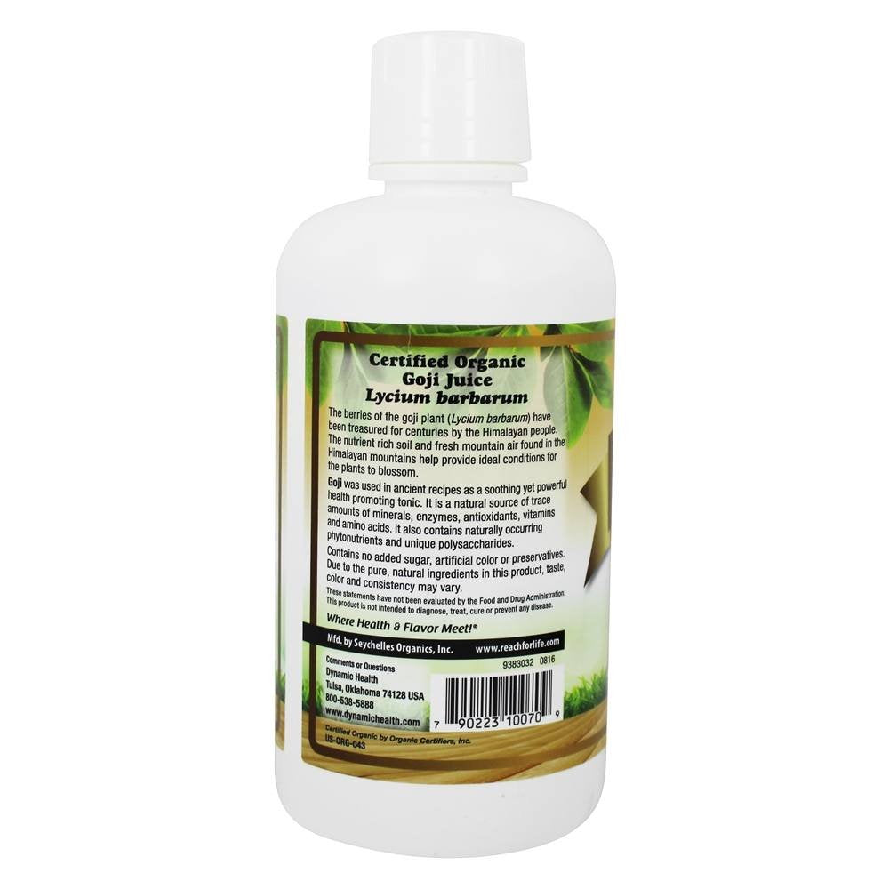 Dynamic Health Goji Gold Juice nutrition info illustrates minerals and antioxidants for daily support.