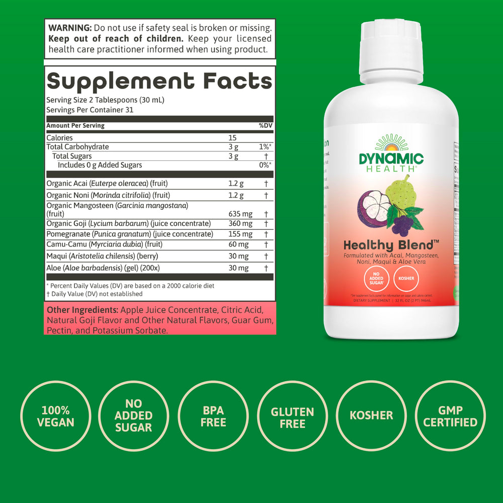 Dynamic Health Healthy Blend glass of juice ready to enjoy with vibrant color