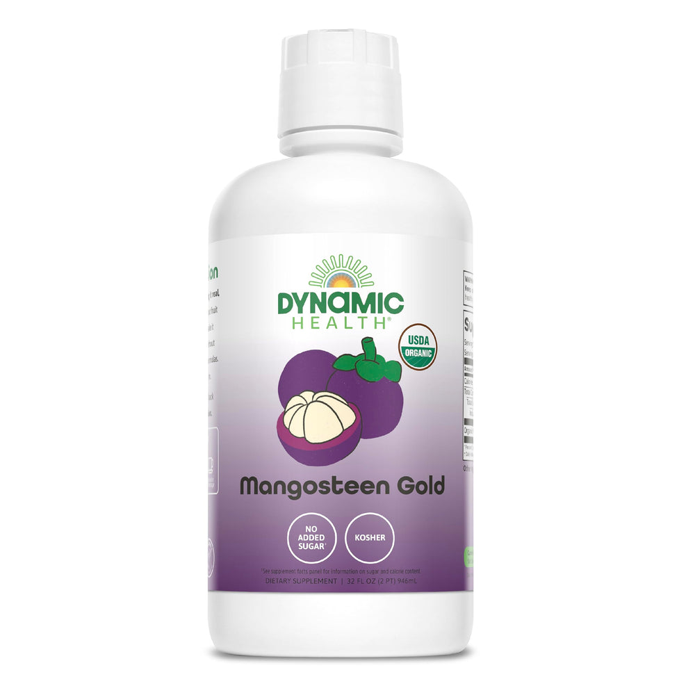 Dynamic Health Mangosteen Gold bottle offers a 100% organic juice option for daily antioxidant support.