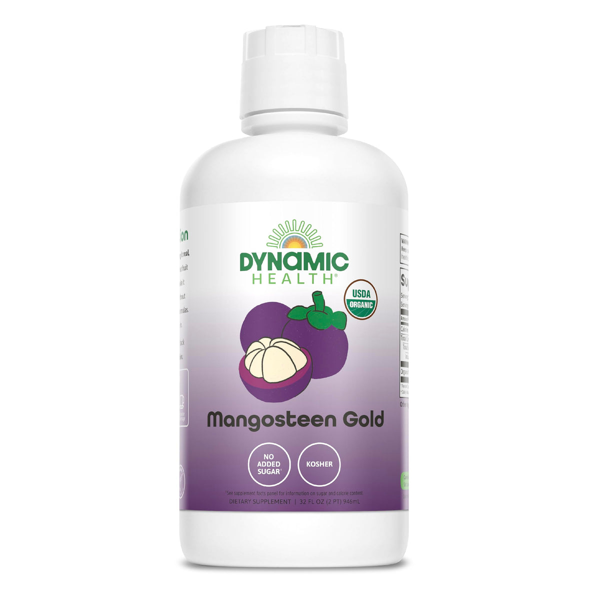 Dynamic Health Mangosteen Gold bottle offers a 100% organic juice option for daily antioxidant support.