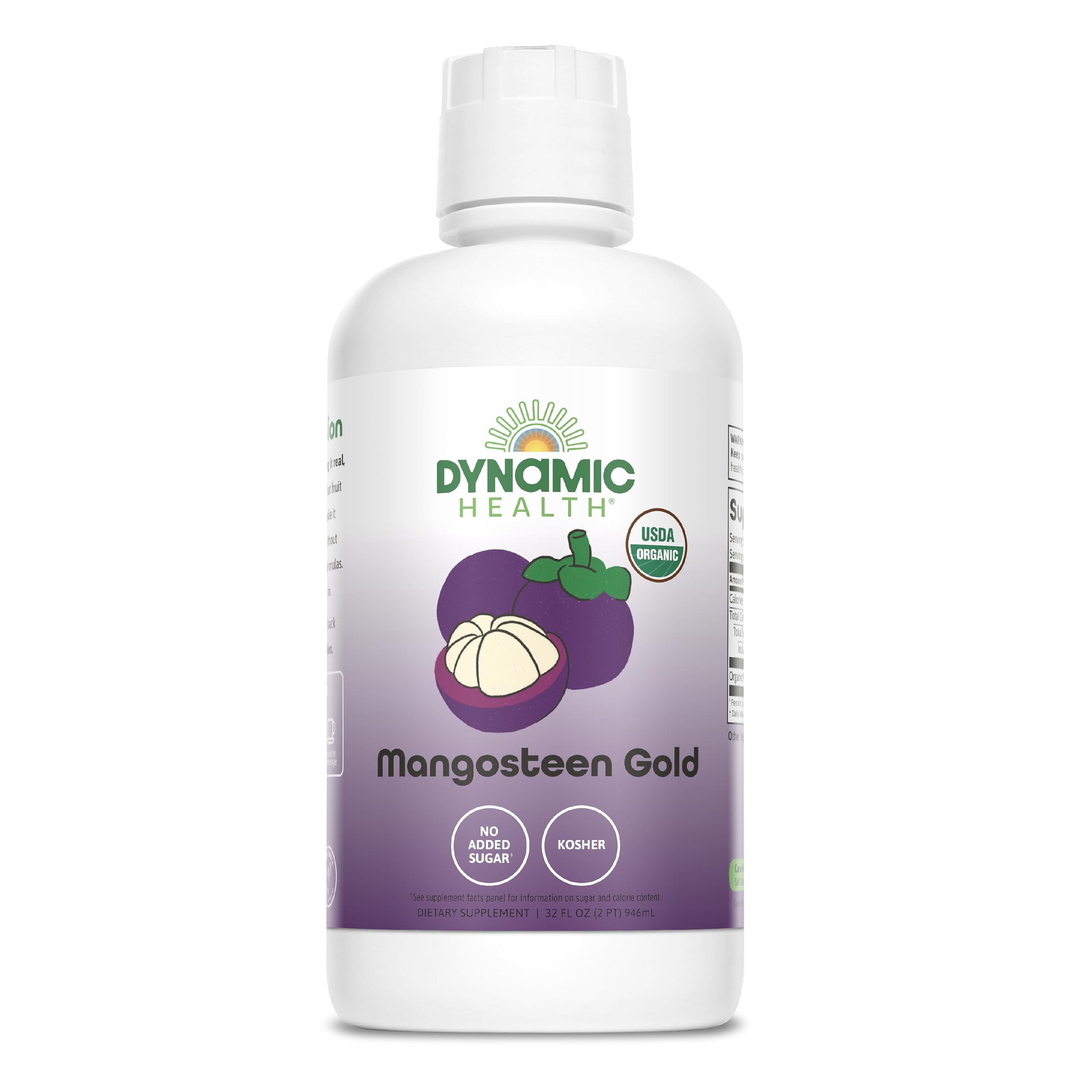 Dynamic Health Mangosteen Gold bottle offers a 100% organic juice option for daily antioxidant support.