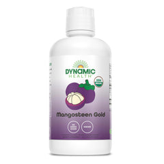Dynamic Health Mangosteen Gold bottle offers a 100% organic juice option for daily antioxidant support.