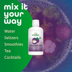 Dynamic Health Mangosteen Gold glass close-up conveys premium quality and GMP-tested production.