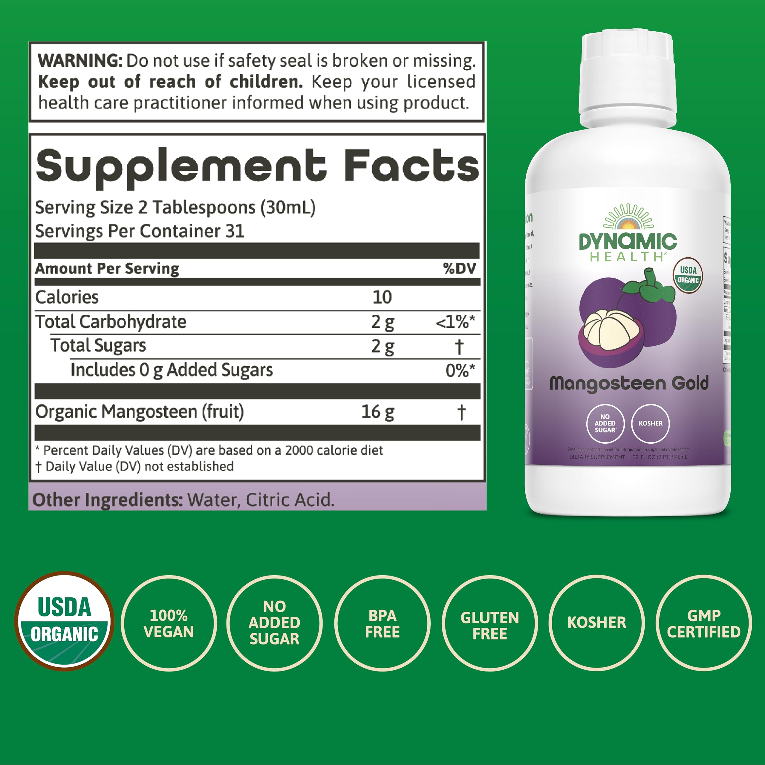 Dynamic Health Mangosteen Gold label highlights no added sugar and pure ingredients.