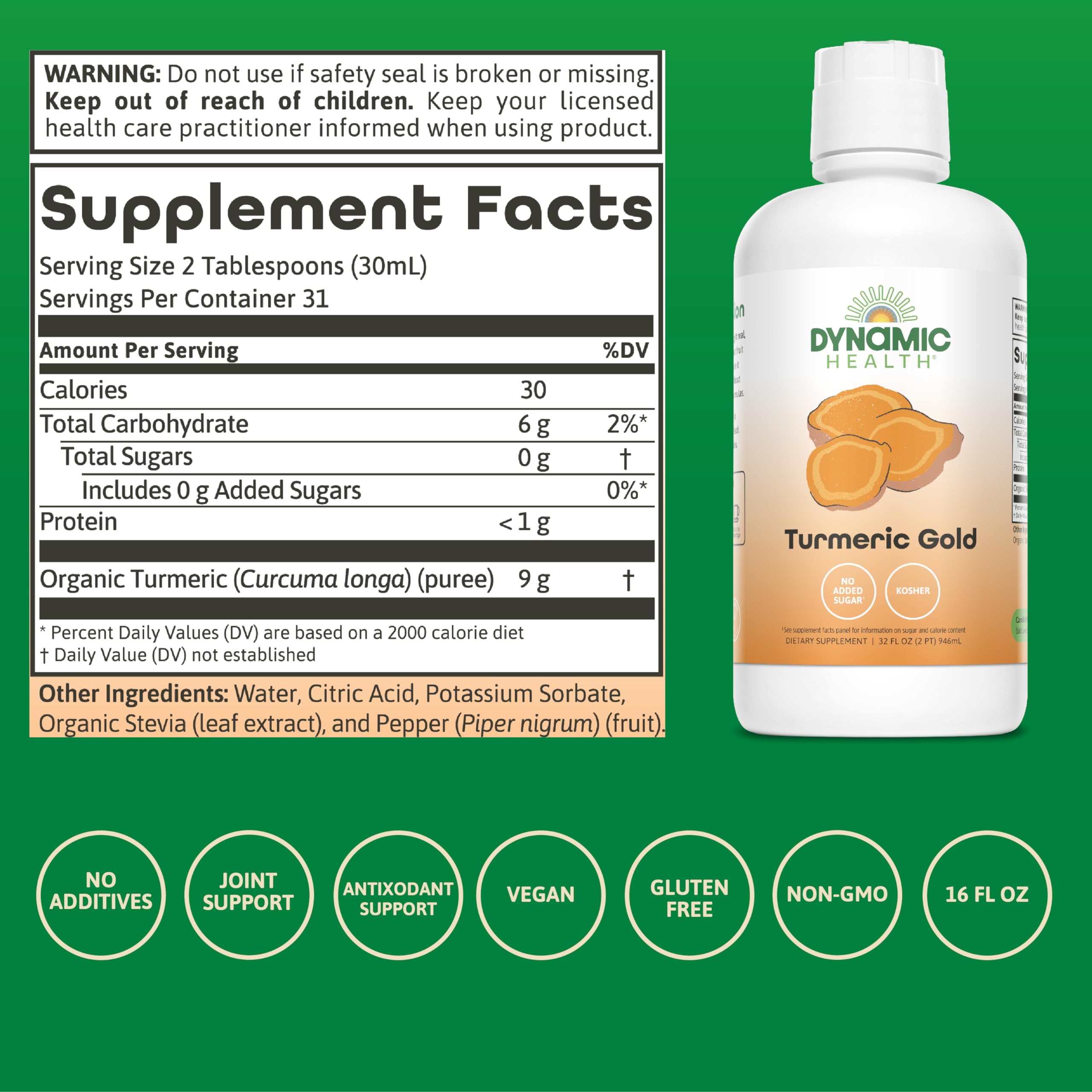 Dynamic Health Turmeric Gold 32oz bottle label close-up