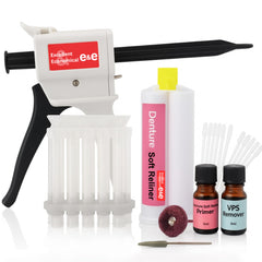 E&amp;E Denture Soft Reline Kit bottle and tools