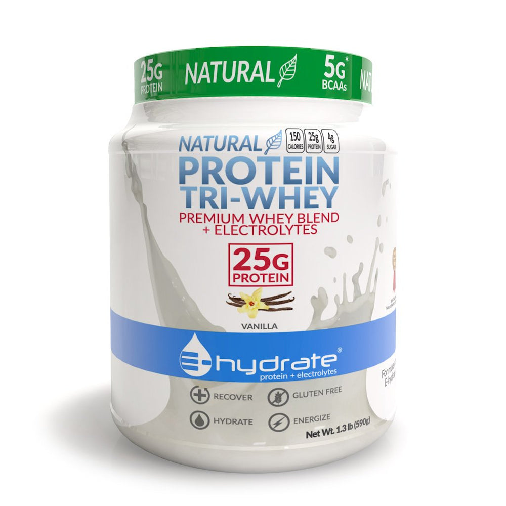Front view of E-hydrate Tri-Whey Protein Powder Vanilla 1.3lb tub