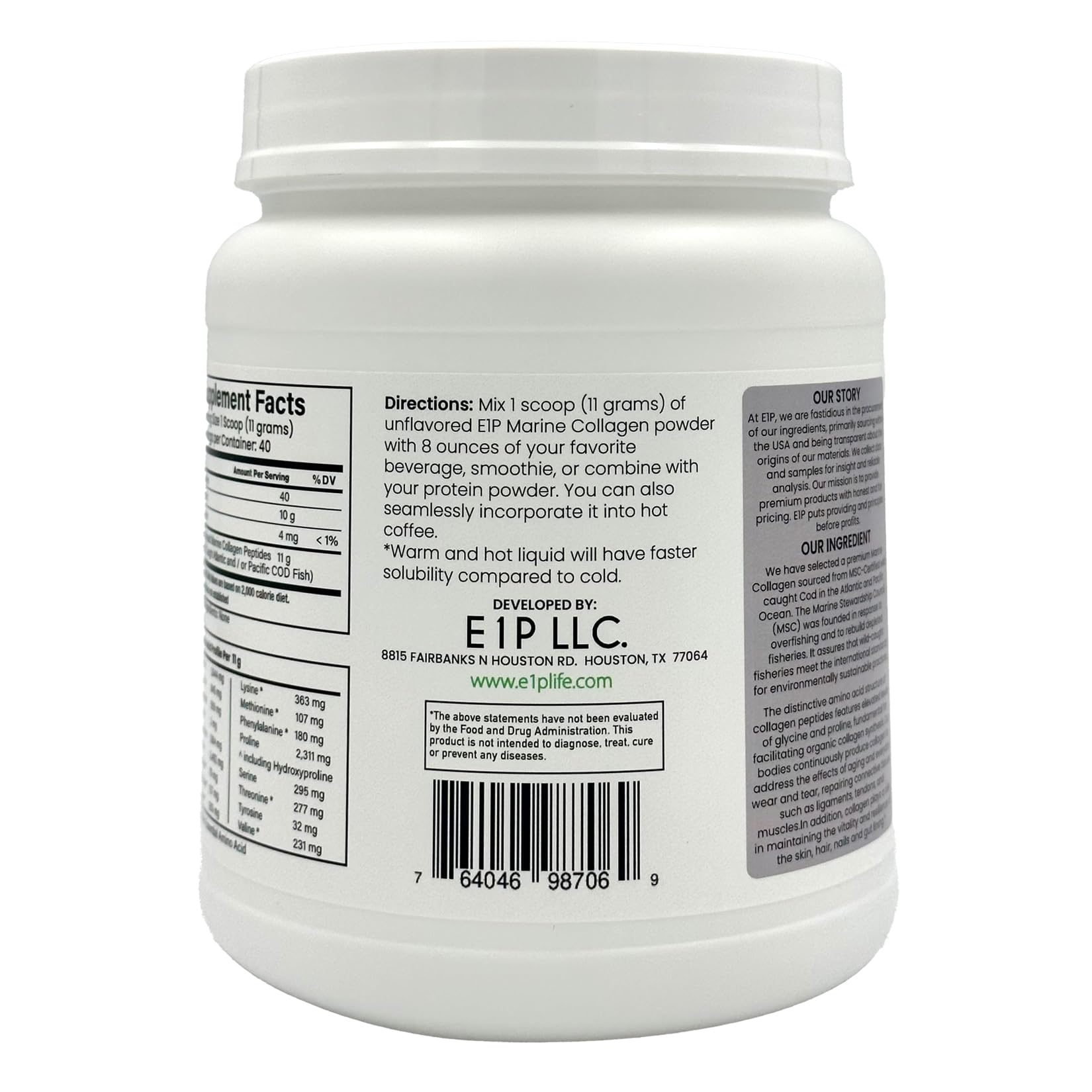 Ingredients and supplement facts panel for E1P Marine Collagen Peptides 440g