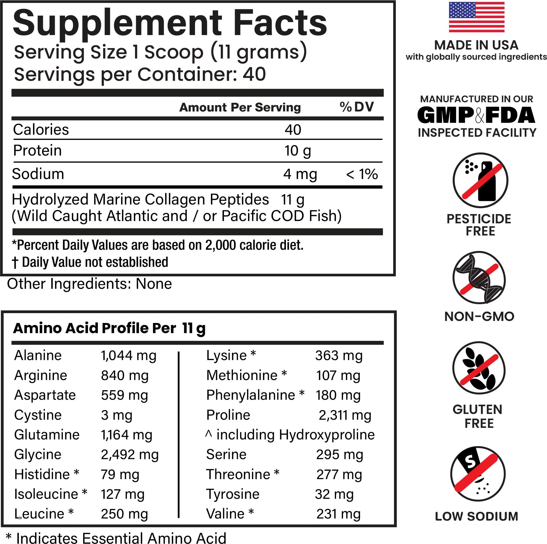 Serving size and nutrition label on E1P Marine Collagen Peptides 440g