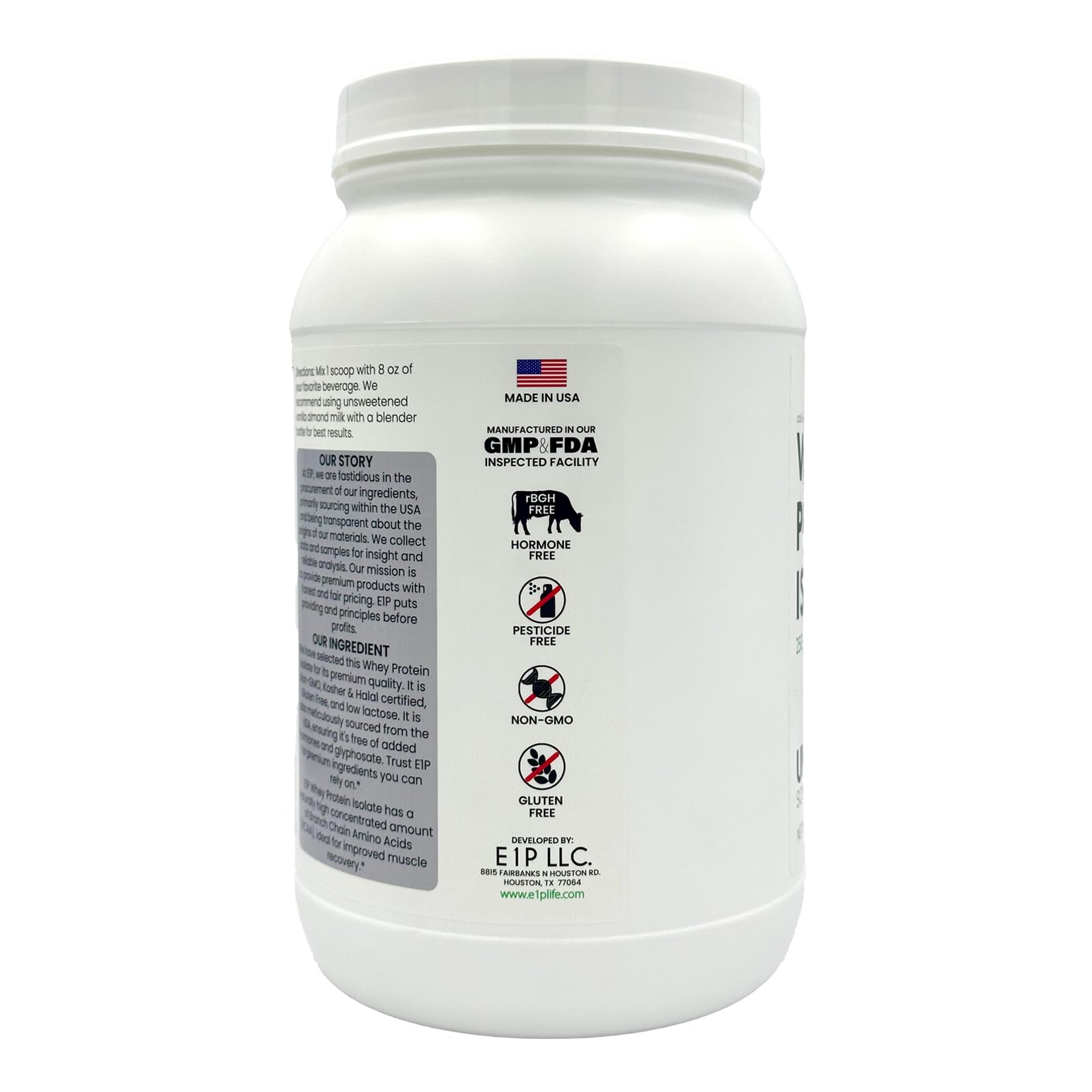 E1P Whey Protein Isolate ingredients view emphasizes halal and kosher, allergy-friendly options.