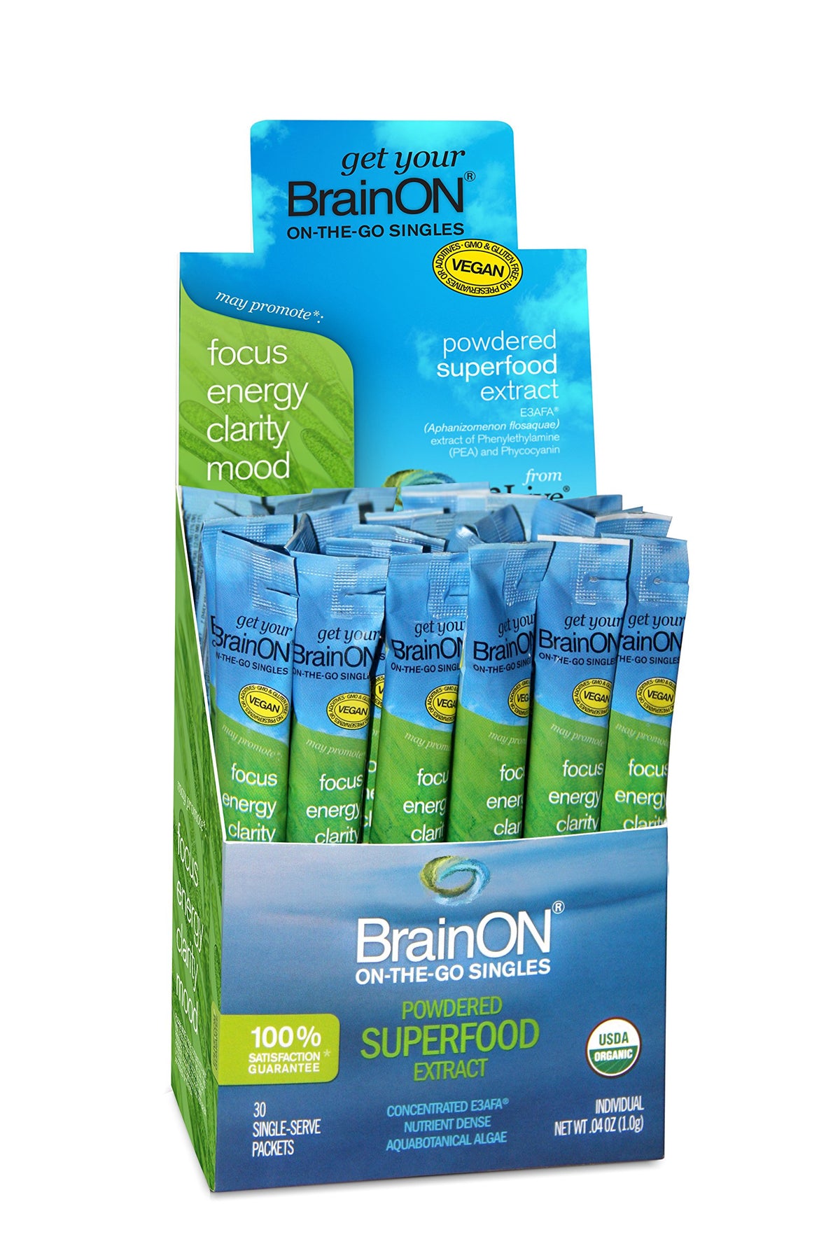 Front view of E3LIVE BrainON single-serve packet for on-the-go use
