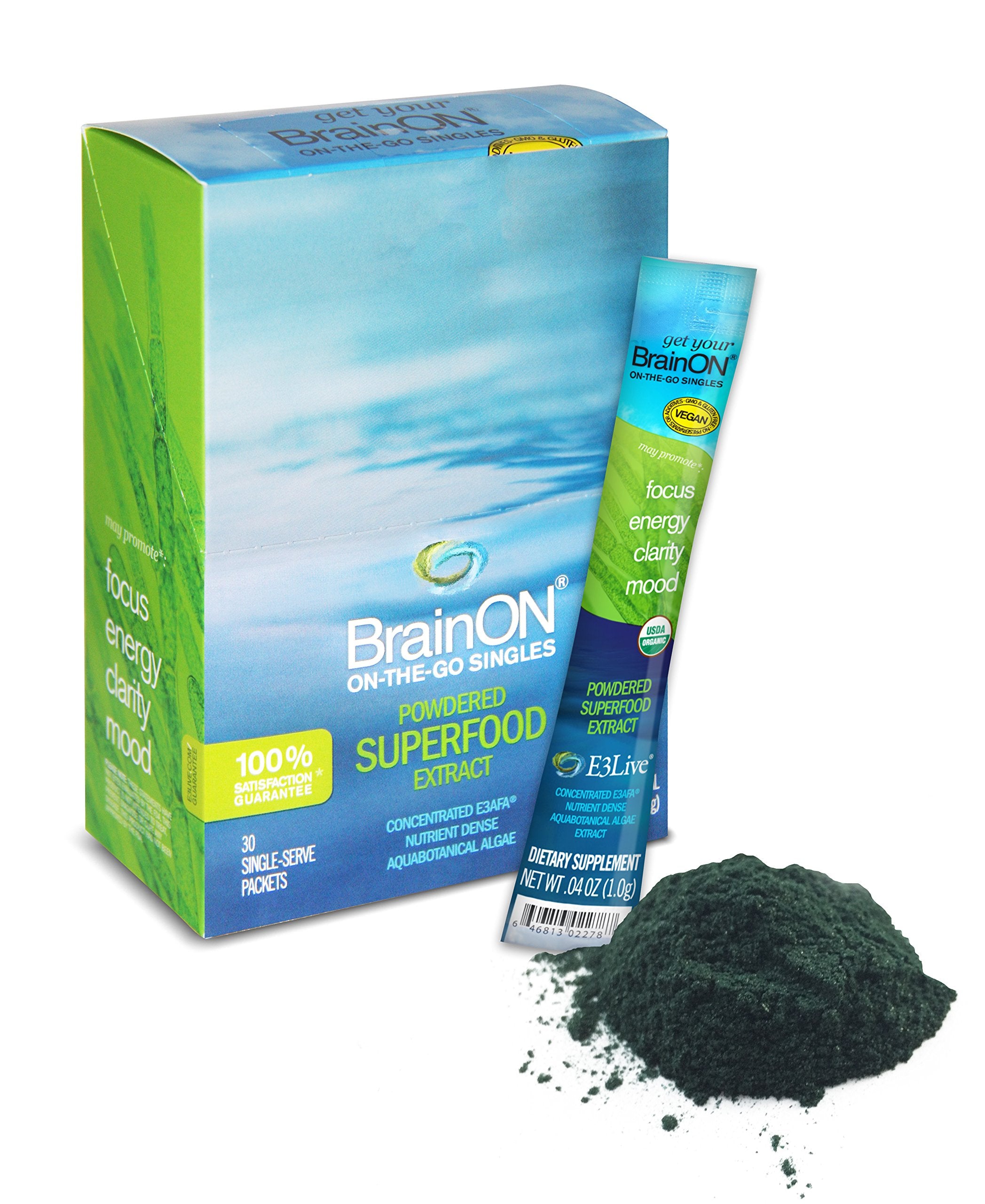 Close-up of E3LIVE BrainON single-serve packaging