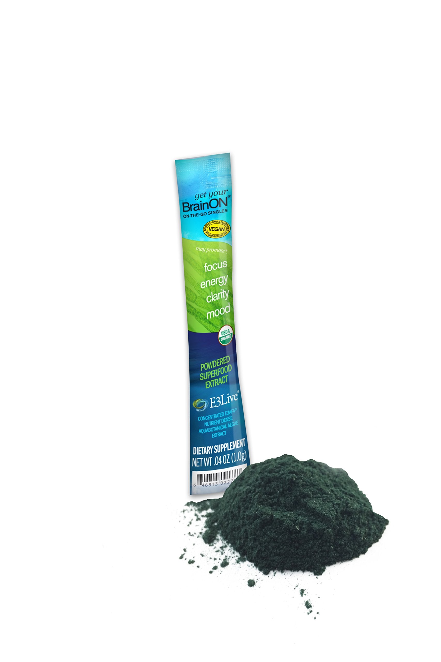 Box of E3LIVE BrainON on-the-go singles with 30 packets