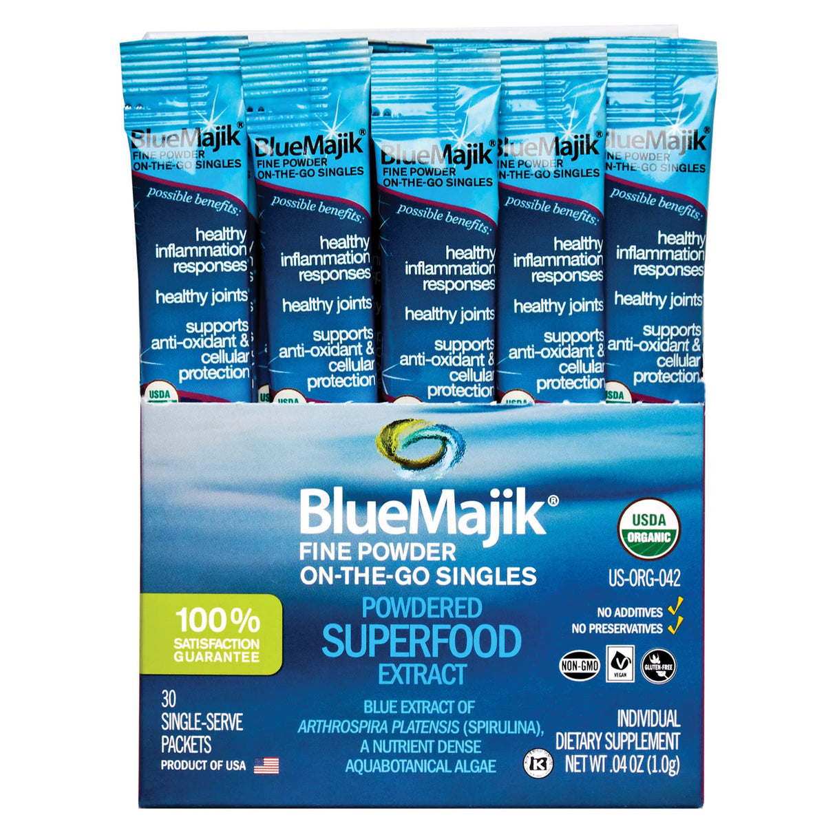 Front view of E3LIVE Blue Majik On-The-Go-Singles 30-count box